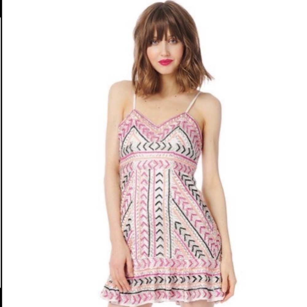 Parker Pink Silk Casey Beaded Zig Zag Chevron Mini Dress XS Anthropologie - Picture 2 of 15